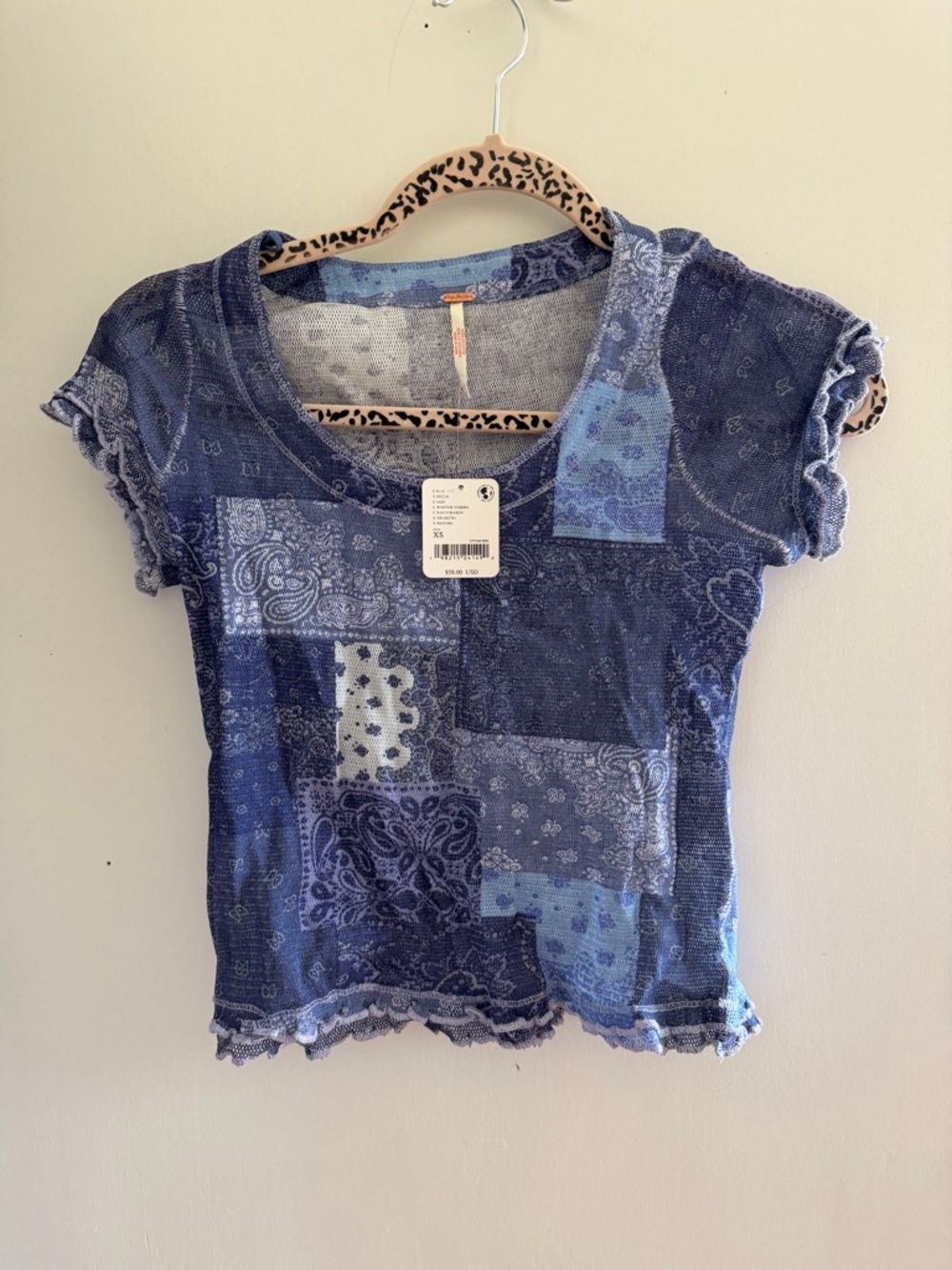 Free People Blue Patchwork Bandana Short Sleeve Tee